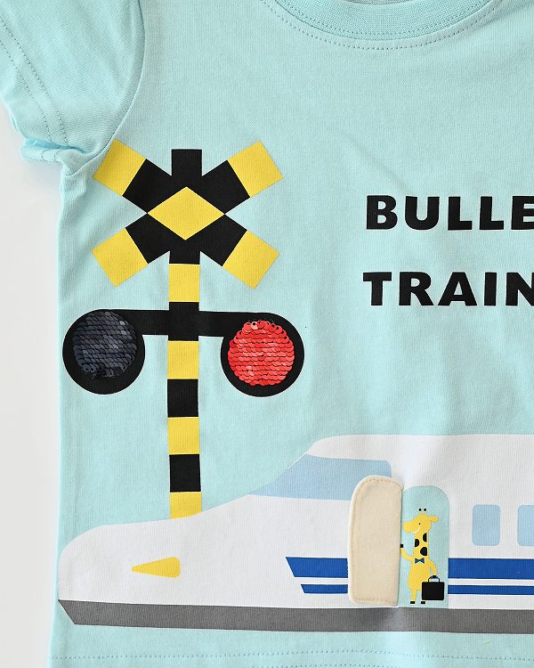 【チークルーム】スパンコール新幹線 Tシャツ / サックス  