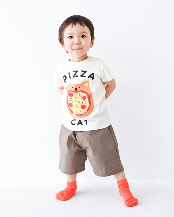 【チークルーム】ねこのピザ Tシャツ / オフホワイト  