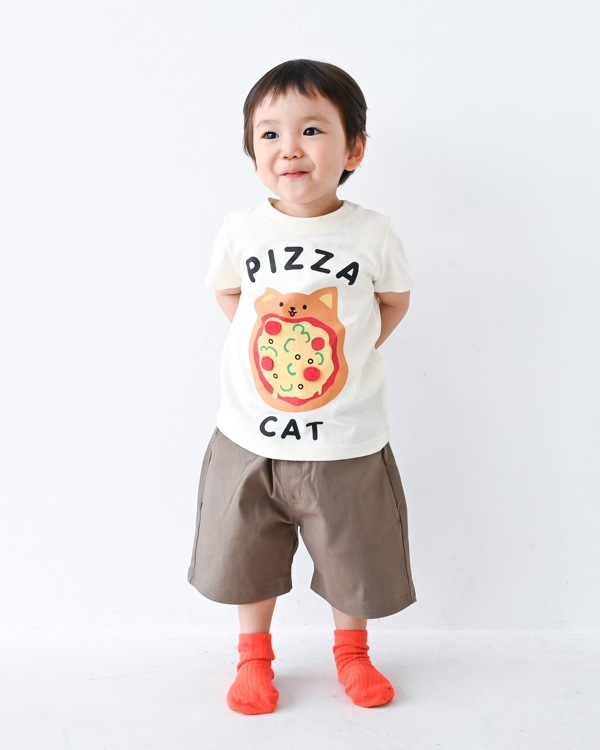 【チークルーム】ねこのピザ Tシャツ / オフホワイト  