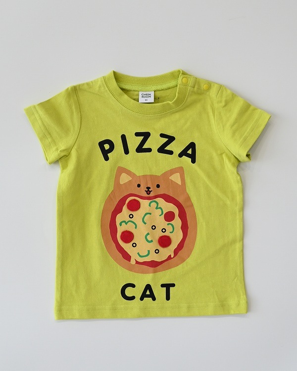 【チークルーム】ねこのピザ Tシャツ / ライトグリーン  