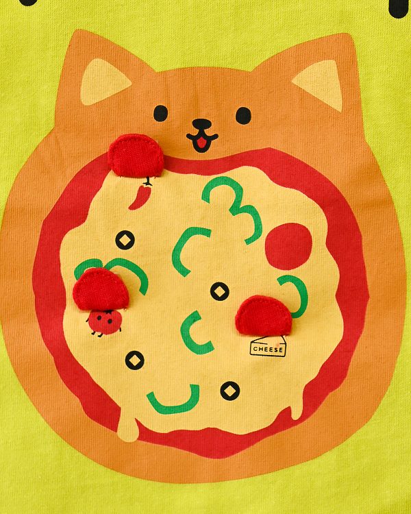 【チークルーム】ねこのピザ Tシャツ / ライトグリーン  