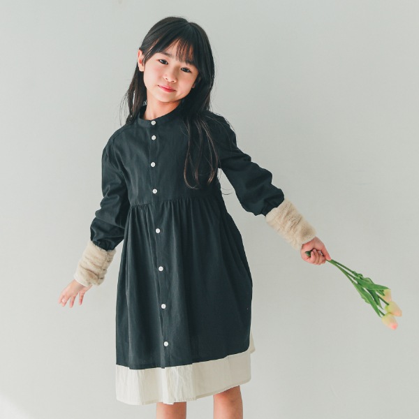 【25FW】配色 ギャザーワンピース / ブラック