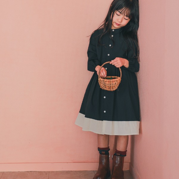 【25FW】配色 ギャザーワンピース / ブラック