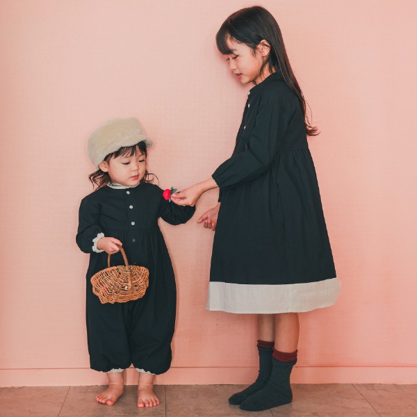 【25FW】配色 ギャザーワンピース / ブラック