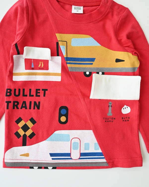【チークルーム】駅と新幹線ロングTシャツ / レッド