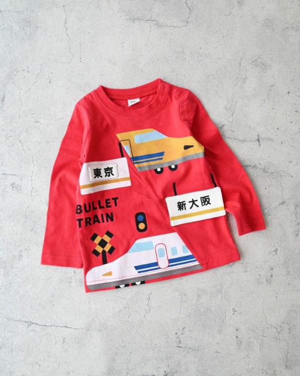 【チークルーム】駅と新幹線ロングTシャツ / レッド