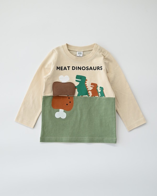 【チークルーム】恐竜お肉 ロングTシャツ / オリーブ