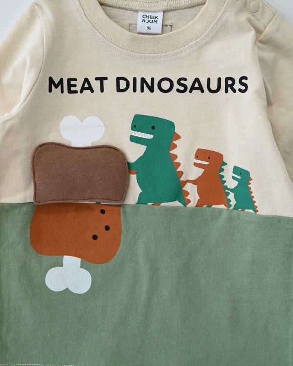 【チークルーム】恐竜お肉 ロングTシャツ / オリーブ