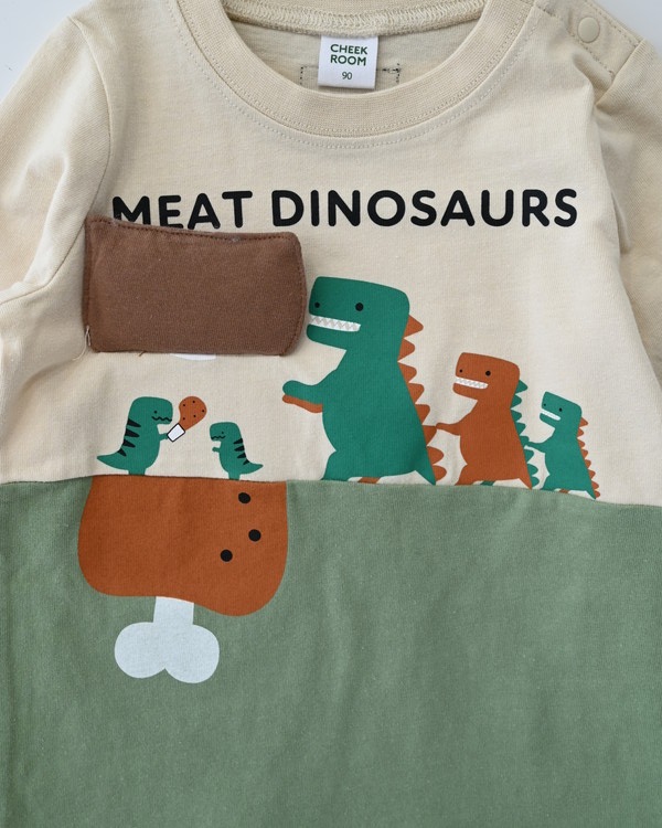 【チークルーム】恐竜お肉 ロングTシャツ / オリーブ