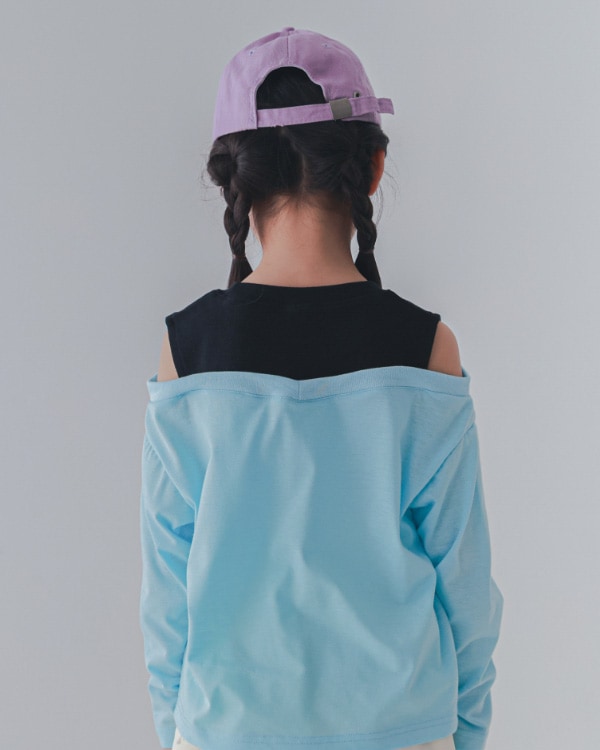 【セカンド】肩あきレイヤード風ロングTシャツ / サックス