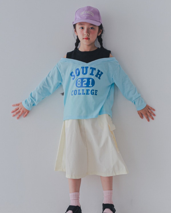 【セカンド】肩あきレイヤード風ロングTシャツ / サックス