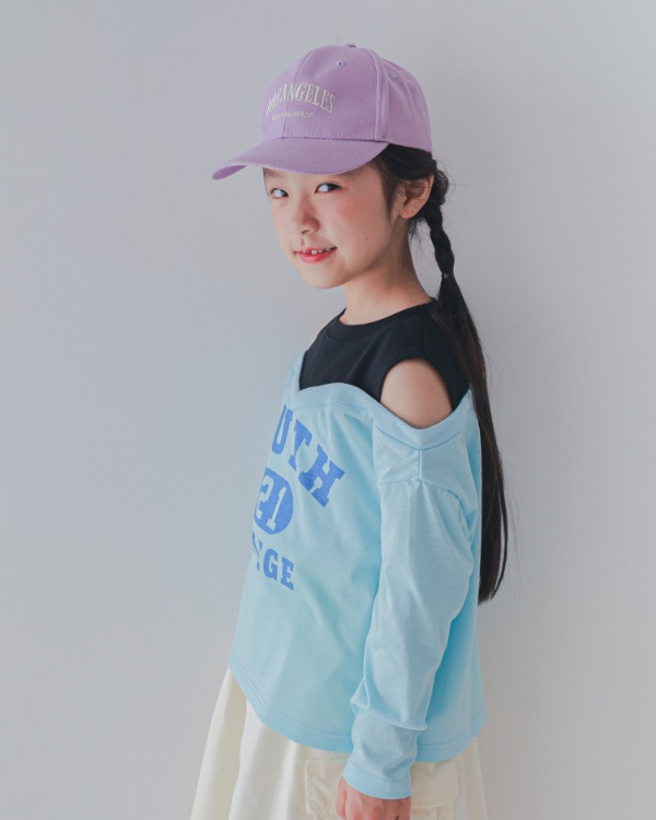 【セカンド】肩あきレイヤード風ロングTシャツ / サックス