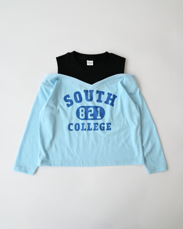 【セカンド】肩あきレイヤード風ロングTシャツ / サックス