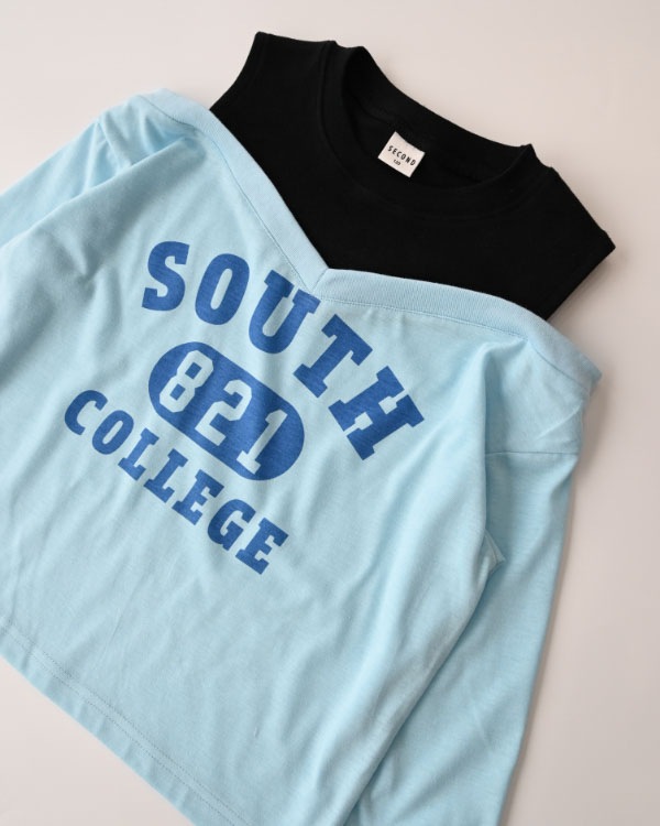 【セカンド】肩あきレイヤード風ロングTシャツ / サックス