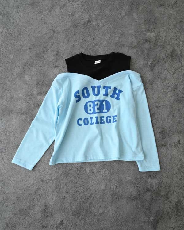 【セカンド】肩あきレイヤード風ロングTシャツ / サックス