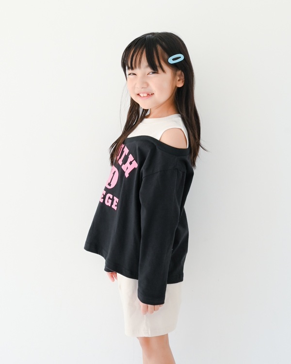 【セカンド】肩あきレイヤード風ロングＴシャツ / ブラック