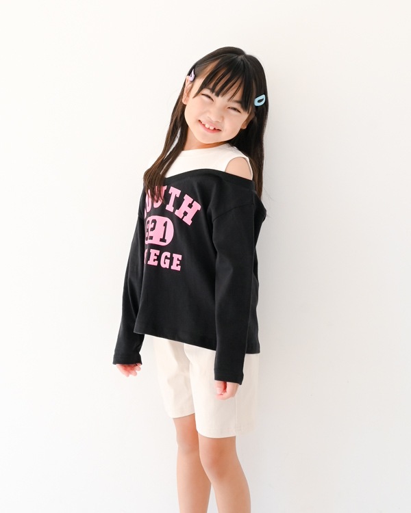【セカンド】肩あきレイヤード風ロングＴシャツ / ブラック