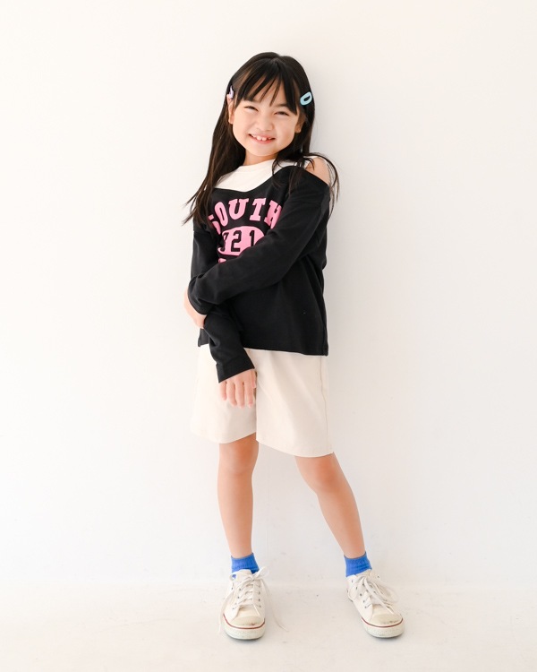 【セカンド】肩あきレイヤード風ロングＴシャツ / ブラック