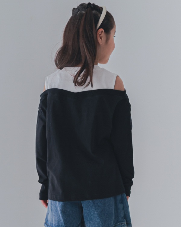 【26PS】肩あきレイヤード風ロングＴシャツ / ブラック