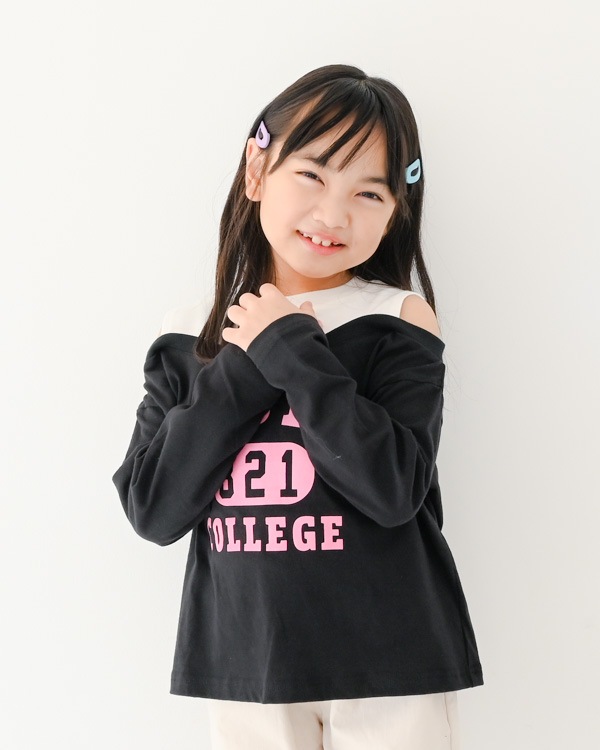 【セカンド】肩あきレイヤード風ロングＴシャツ / ブラック