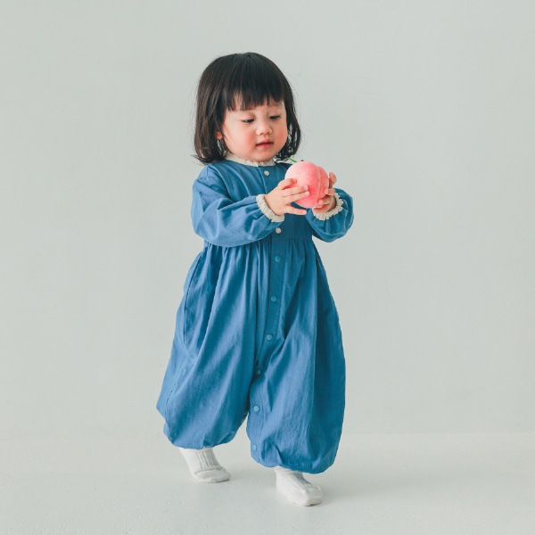 【25FW】配色 ギャザーロンパース / ブルー