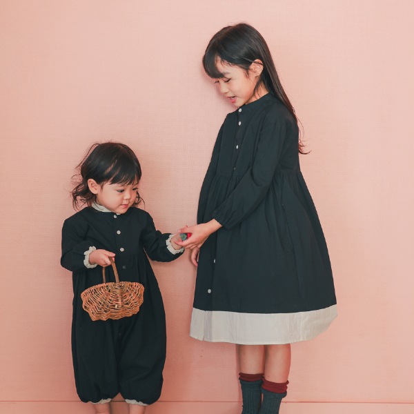 【25FW】配色 ギャザーロンパース / ブラック