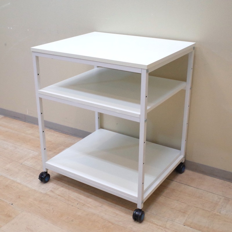 プリンター台 ホワイト 荷物台 キャスターワゴン デスクインワゴン サイドキャビネット 脇机 OA機器 棚付き KK10716 中古オフィス家具 配送サイズ200