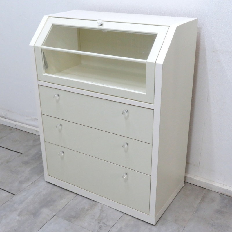 ユーアイ Nタイムズ C-700-3 ディスプレイキャビネット ホワイト 引出し 3段 木製 ガラスケース 飾り棚 チェスト  EG9581 中古オフィス家具 配送サイズ220