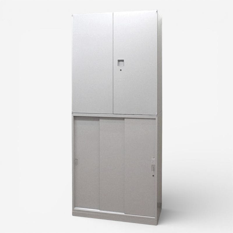 オカムラ 上下書庫セット レクトライン ニューグレー 鍵有り 両開き 3枚引き違い オフィス家具 収納庫 KK13450 中古 配送サイズ300