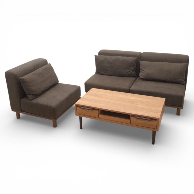 IVY(アイヴィー)ソファセット 1人掛けソファ ローテーブル 4点セット カーキ  セット販売 EG15532.15542 中古