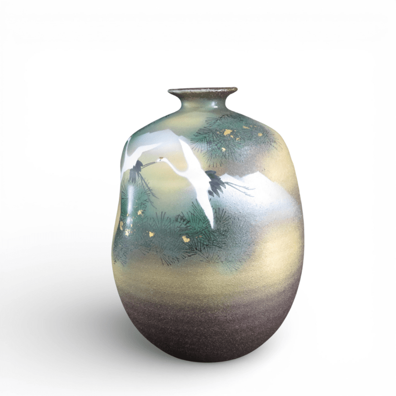 【SALE】九谷焼 勇峰作 花瓶 金彩 花器 松鶴翔 YH16188 中古 配送サイズ160