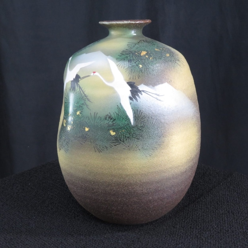【SALE】九谷焼 勇峰作 花瓶 金彩 花器 松鶴翔 YH16188 中古 配送サイズ160