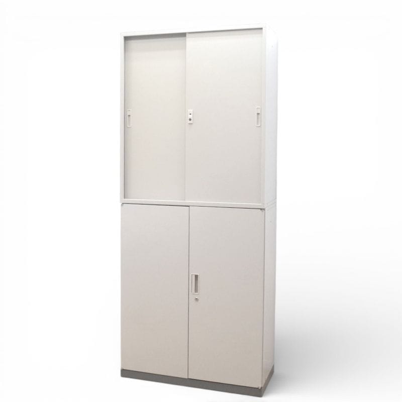 上下書庫セット 引き違い/両開き 鍵付 W900 D410 H2150 ニューグレー キャビネット オフィス家具 書棚 KK17548 中古 配送サイズ300