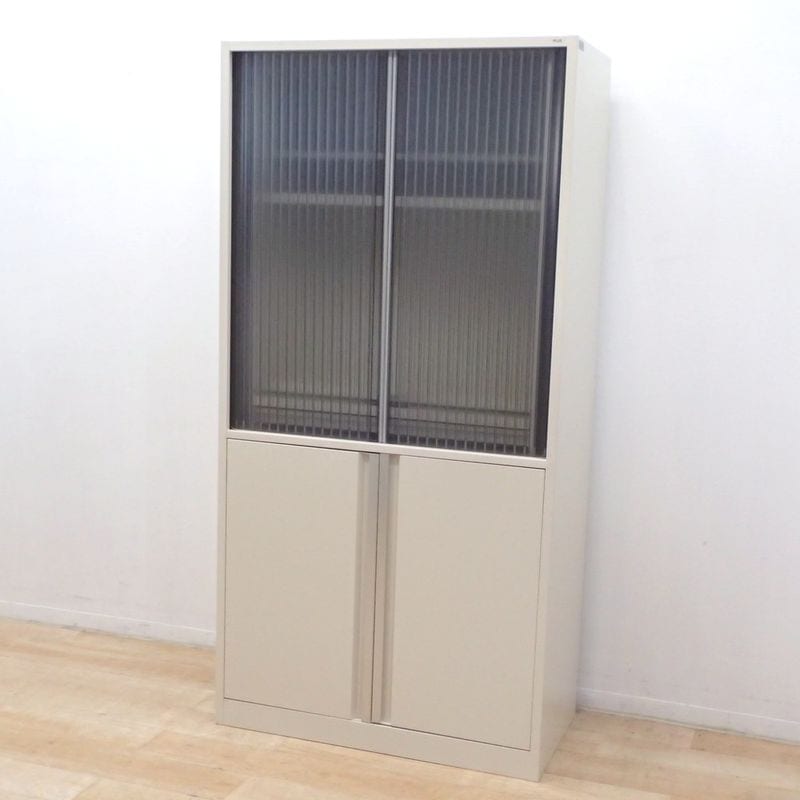 PLUS プラス ビジネスキッチンキャビネット BK-950 ホワイト シャッター扉 両開き扉 スライド棚 食器収納 給湯室 KK18247 中古オフィス家具 配送サイズ350