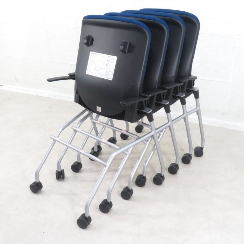 【4個セット】KOKUYO コクヨ オルディナ ネスティングチェア CKH-690E6 ブルー 青 収納 ワーク 会議椅子 セミナー 講演 キャスター YH18695-1 中古オフィス家具 配送サイズ220 