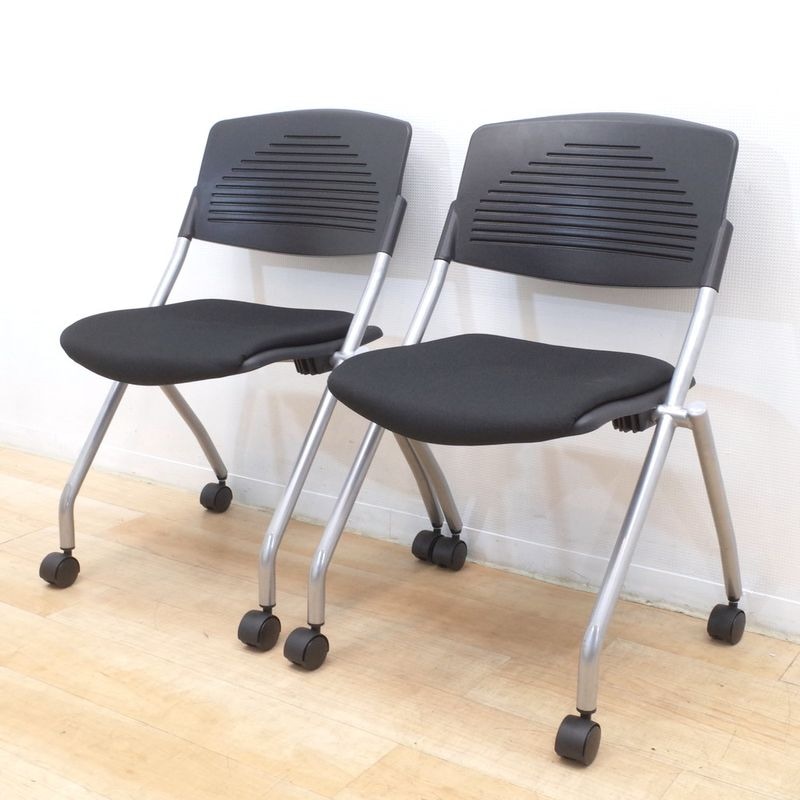 2脚セット カグクロ ミーティングチェア 平行スタッキング ネスティング ブラック 肘無 会議椅子 セミナー 講演 キャスター KK17185 中古オフィス家具 配送サイズ220 セット販売