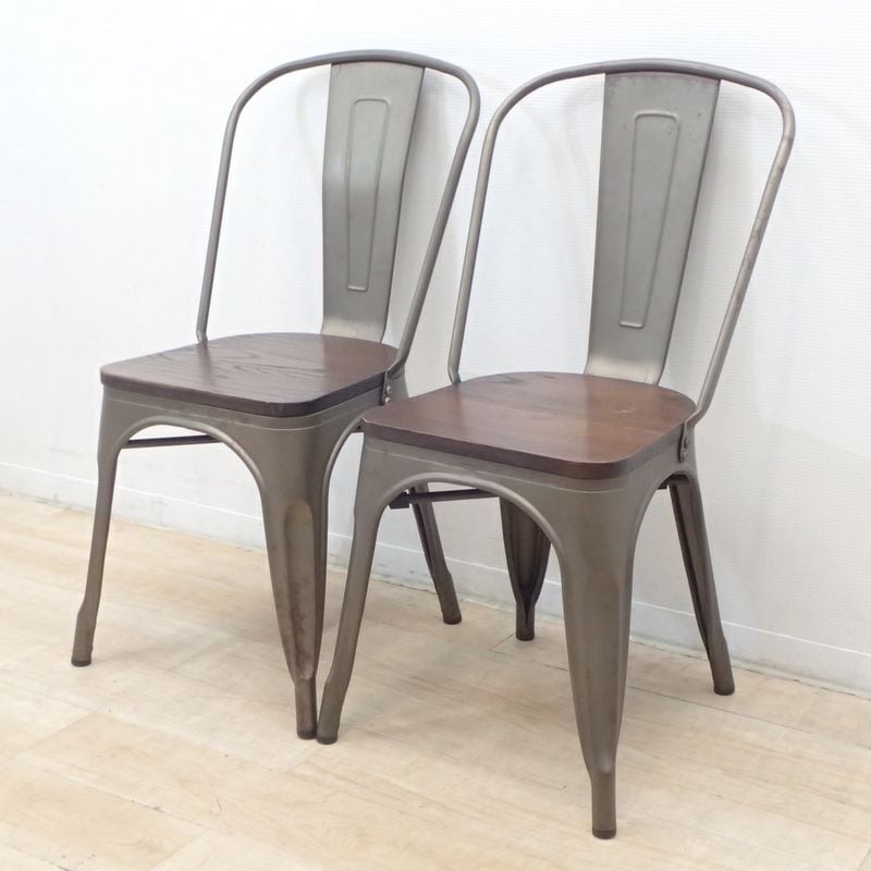 2脚セット ダイニングチェア インダストリアル調 椅子 リビング 木目 グレー ビンテージKK18764 中古 セット販売