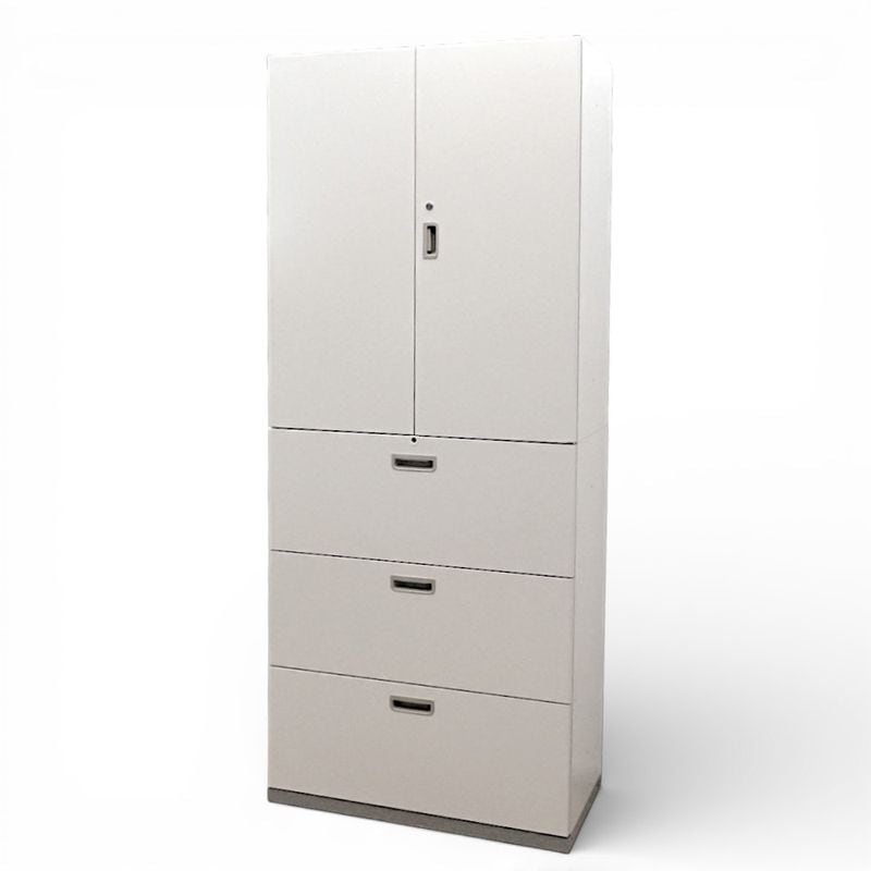 イナバ 上下書庫セット W900 D450 H2160 ニューグレー 両開き/3段ラテラル キャビネット オフィス家具 鍵無し KK18853 中古 配送サイズ300