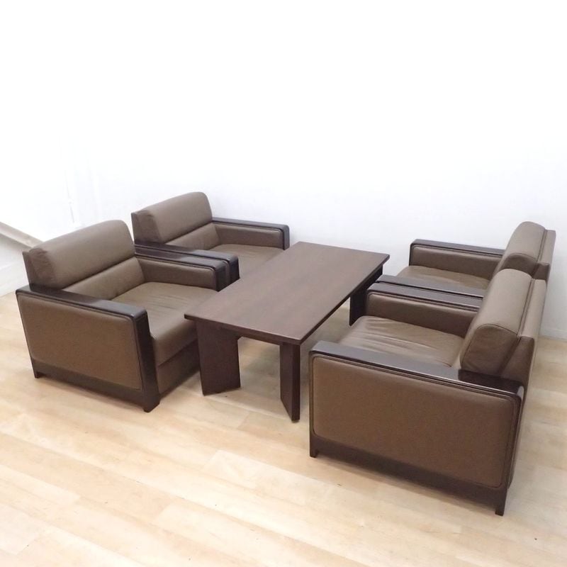 ★横浜・川崎・23区内は配送費サービス★ 応接ソファ 5点セット 1Pソファ 4脚 センターテーブル 木目調 ブラウン 役員用 応接室 書斎 会議 商談 応接家具 KK18856 中古オフィス家具