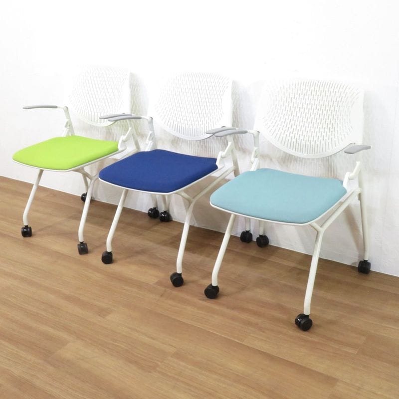 【3色セット】オカムラ  ルナ 81S1AY グリーン/ブルー/ターコイズ ミーティングチェア ネスティングチェア セット販売 AG19189 中古