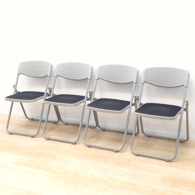 4脚セット TOKIO 折り畳みチェア パイプ椅子 グレー ブラック スチール 布張り 連結可 KK19269 EG19269 中古 配送サイズ180 セット販売