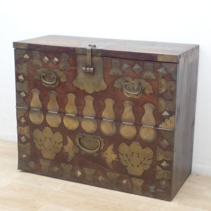 李朝箪笥 バンダジ 半閉櫃 古民具 李朝家具 古鉄金具 錠前無し KK19345 中古 配送サイズ250 家財おまかせ便