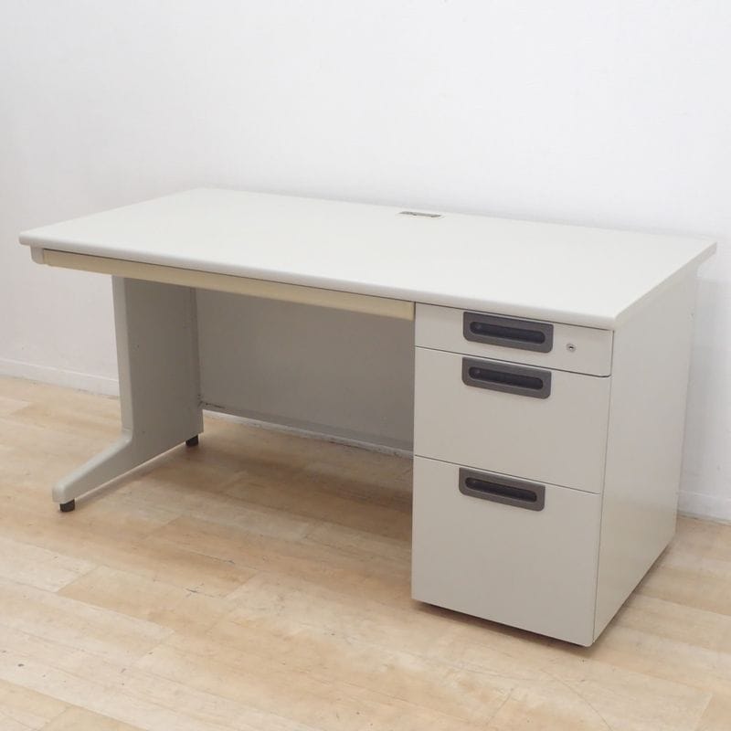 プラス フラットライン RY-T147 片袖デスク グレー W1400 引出し付 配線口有 中古 KK19319 配送サイズ300