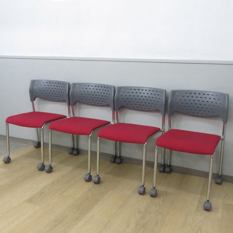 【4脚セット】AICO スタッキングチェア レッド/グレー ネスティングチェア 会議椅子 セミナー 講演 キャスター  YH19454-2 中古 配送サイズ220