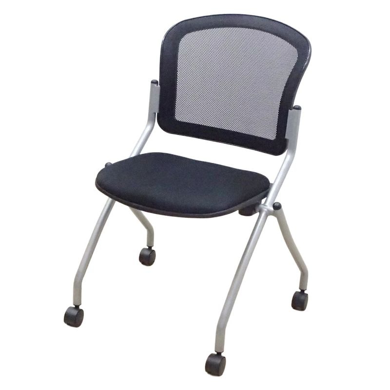 ミーティングチェア ネスティングチェア 肘無し ブラック メッシュ 平行スタッキング キャスター 会議椅子 中古 KK19506 配送サイズ220