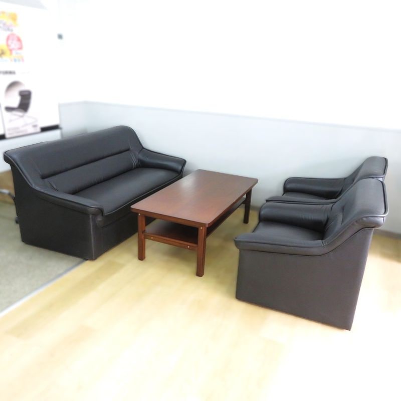 応接ソファ4点セット アイコ コウエキ ブラック 役員チェア ローテーブル 3人用 1人用ソファ YH19611 中古 配送サイズ送料はお問い合わせください。