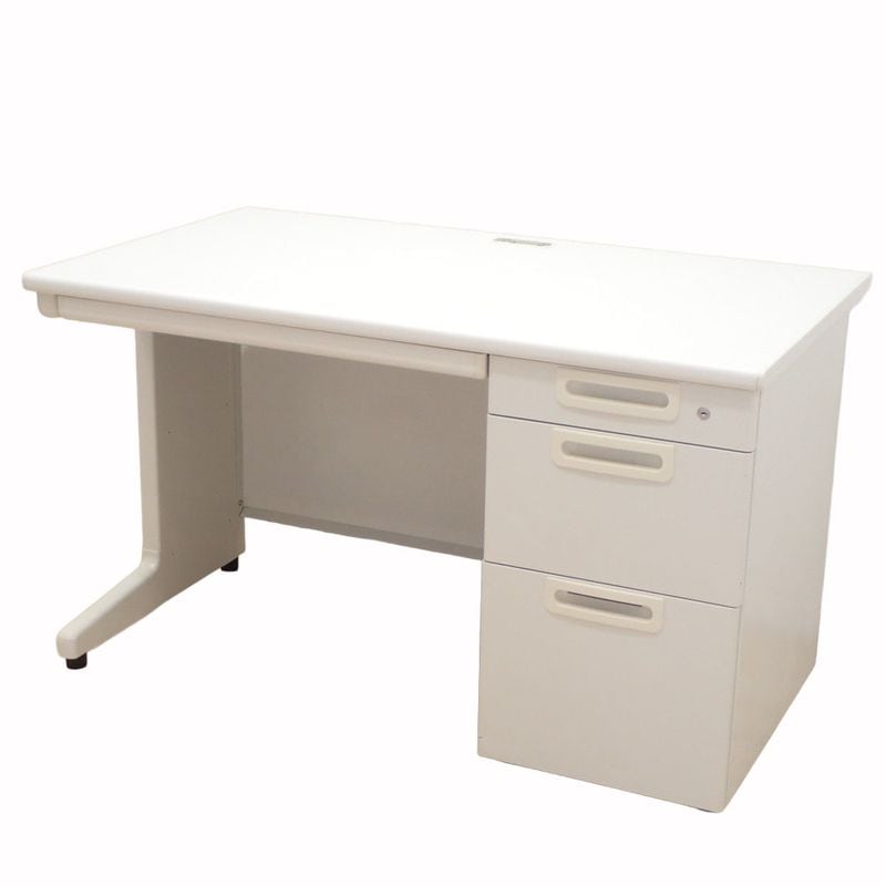 プラス 片袖デスク RY-127HN WS ホワイト 鍵付き W1200 事務机 オフィスデスク 引き出し 収納 配線口 L字脚 中古 KK19658 配送サイズ300