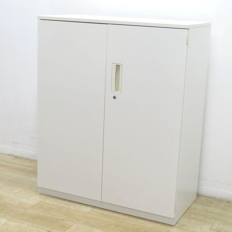 ライオン デリカウォール V945-11H 両開き書庫 ホワイト W900 D450 H1100 ローキャビネット 2段棚 鍵有り 中古 KK19671 配送サイズ250