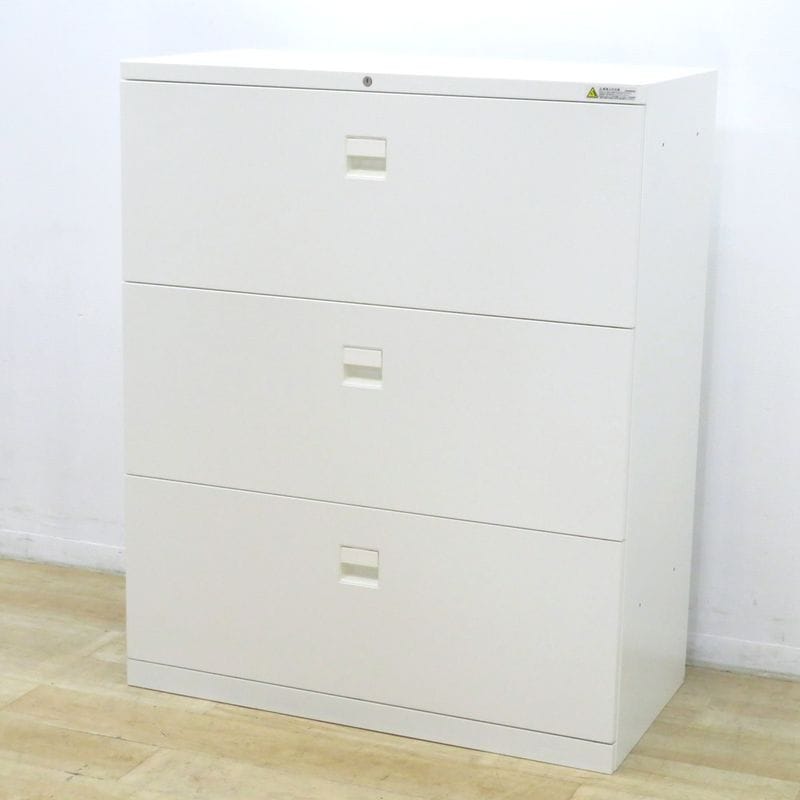 オカムラ SAデュオライン 4B3SZC ZA75 3段ラテラル書庫 ホワイト W900 D450 H1115 引き出し ベース付 鍵有り 中古 KK19324-1 配送サイズ300