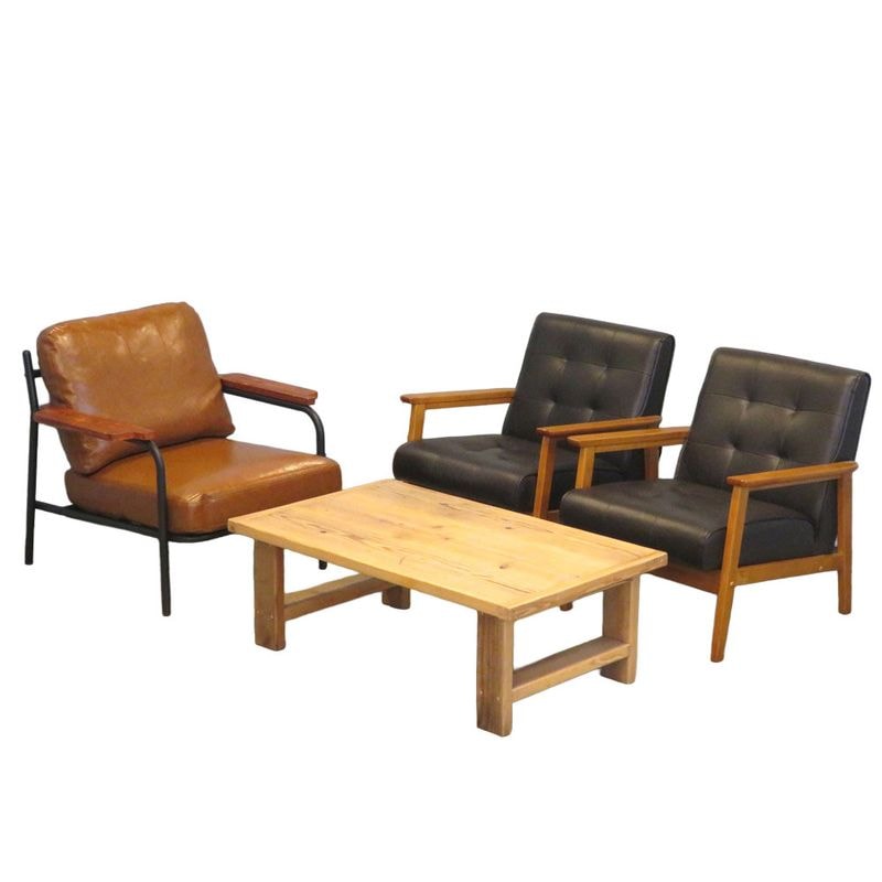 【エリア限定配送】ソファ4点セット 1人掛けソファ3脚＋ローテーブル ブラック ブラウン ウッド レザー張り KK19726 中古 東京・神奈川配送無料